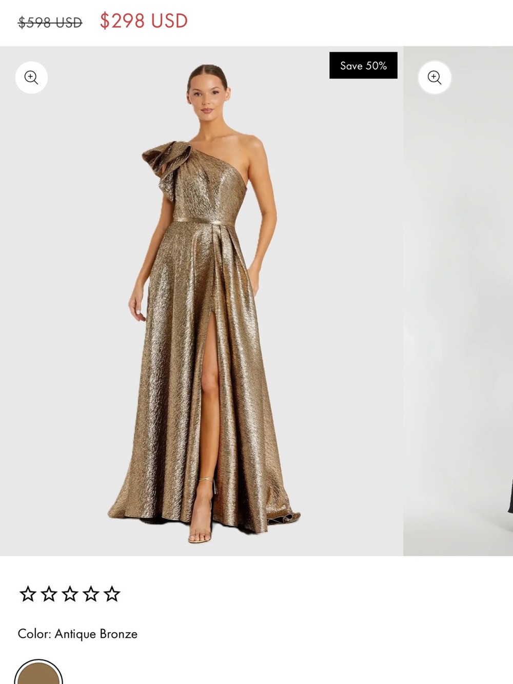 Mac Duggal Metallic Antique Bronze One-Shoulder Gown with Bow Detail